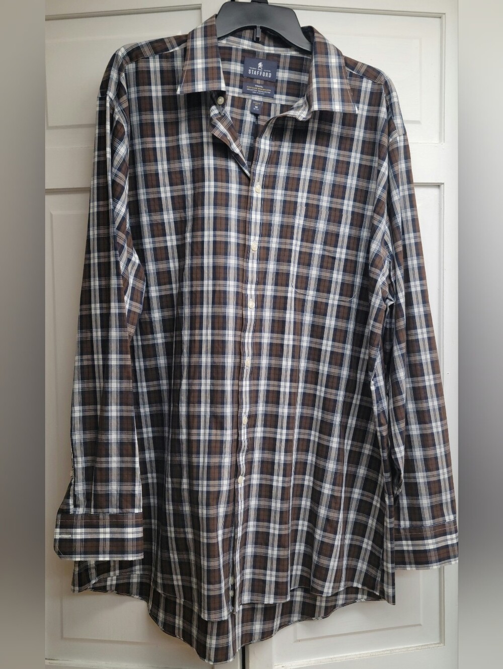 Stafford Brown and White Plaid Long-Sleeve Button-Down Shirt Size 18 (36-37)